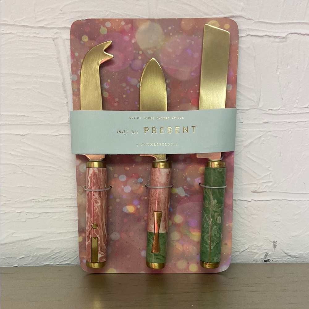 Anthropologie, Gold and Marble Cheese Knife Set, Pink and Green, Set of 3, NEW